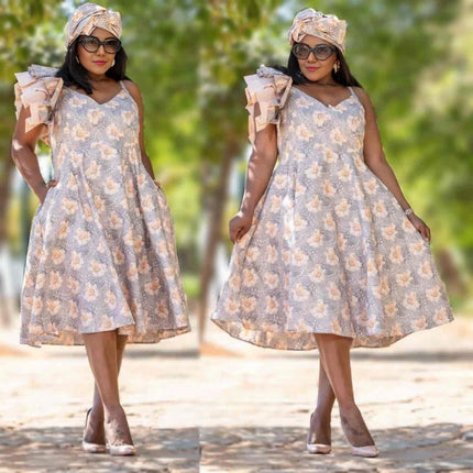 A-line floral dress with ruffle puff sleeves, light blue floral print
