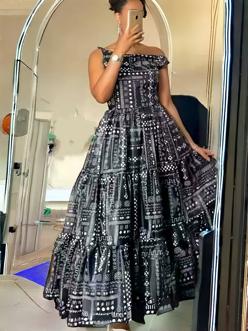 Black Geometric Pattern Sleeveless Traditional Dress