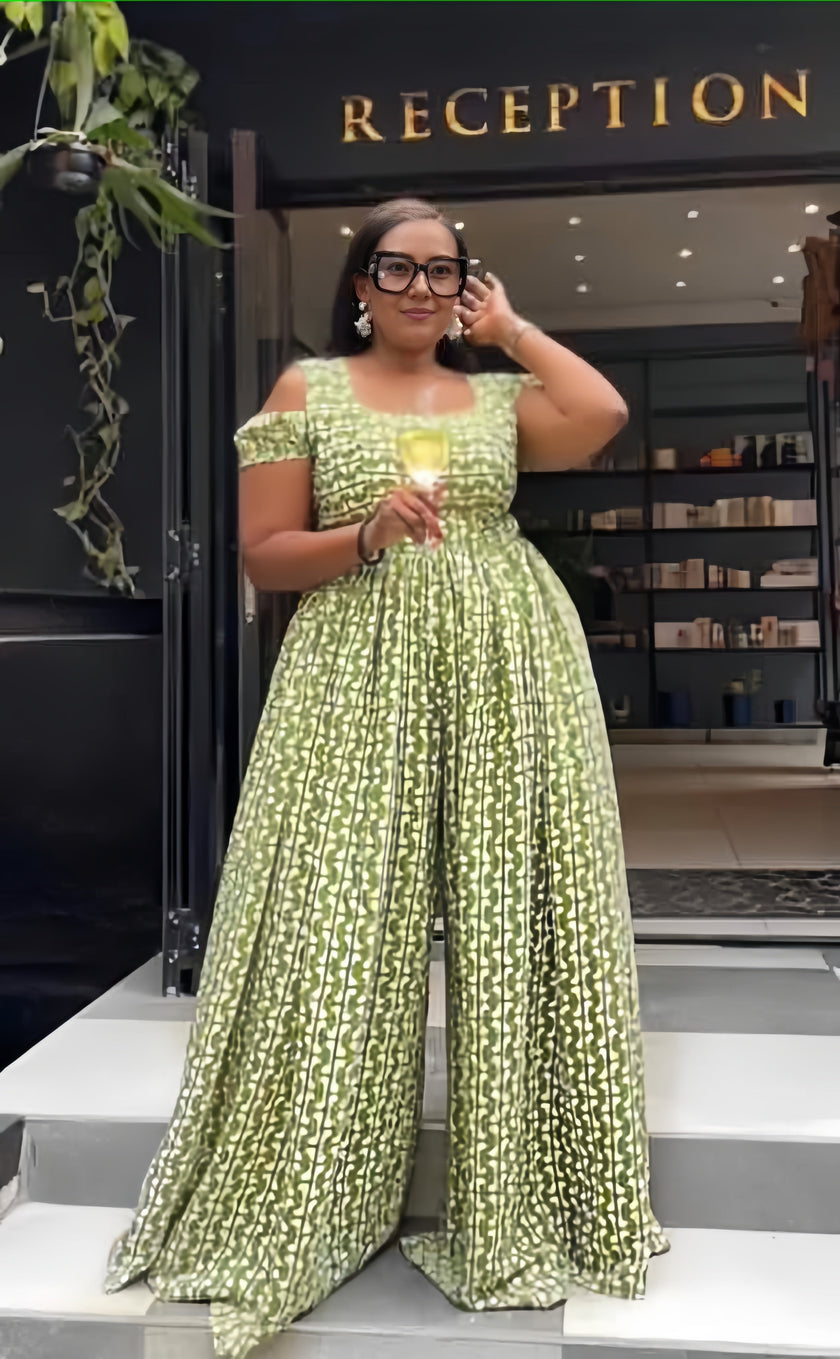 Chic Short-Sleeve Wide-Leg Jumpsuit with Geometric Print