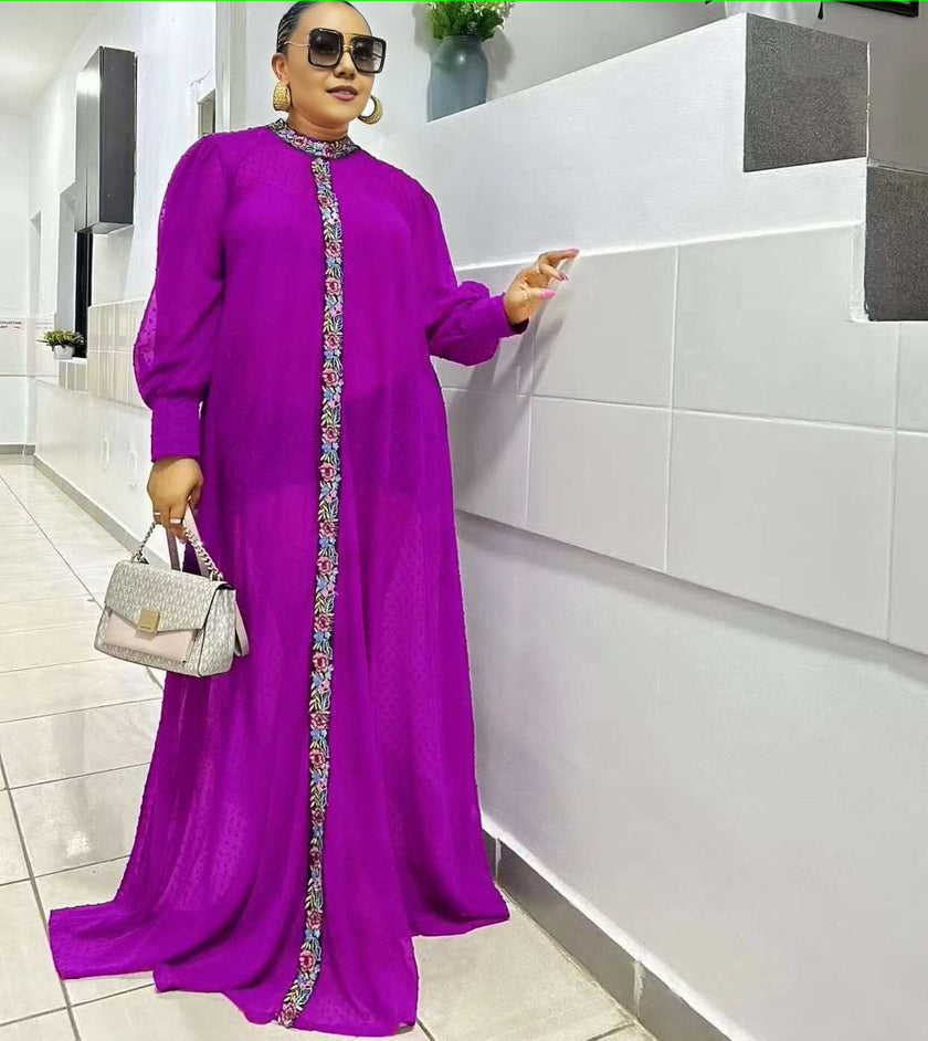 Women's Long Dress with Front Placket Pattern Decoration, Long Sleeve Design