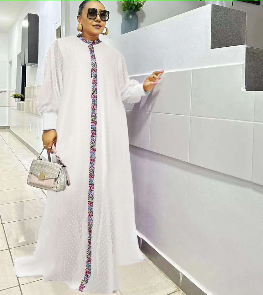 Women's Long Dress with Front Placket Pattern Decoration, Long Sleeve Design