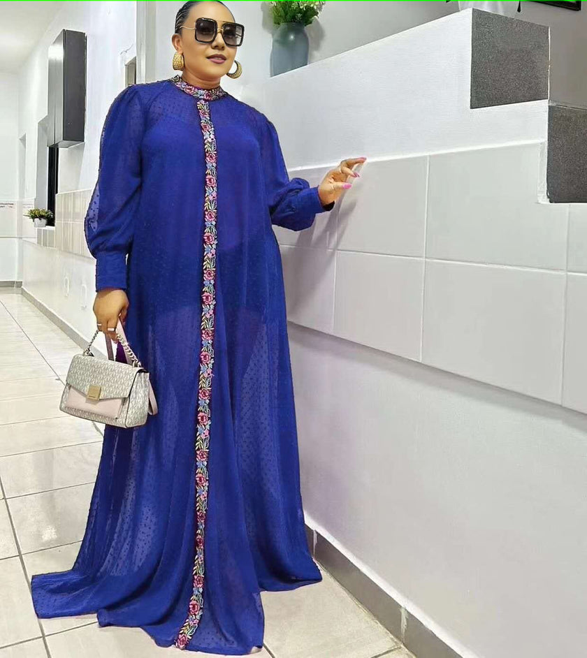 Women's Long Dress with Front Placket Pattern Decoration, Long Sleeve Design