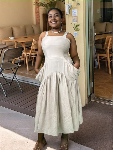 Cream sleeveless midi dress with square neckline and tiered gathered skirt