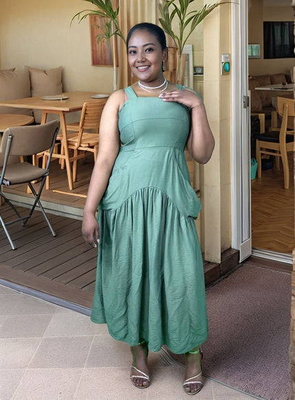 Teal sleeveless midi dress with square neckline and gathered tiered skirt