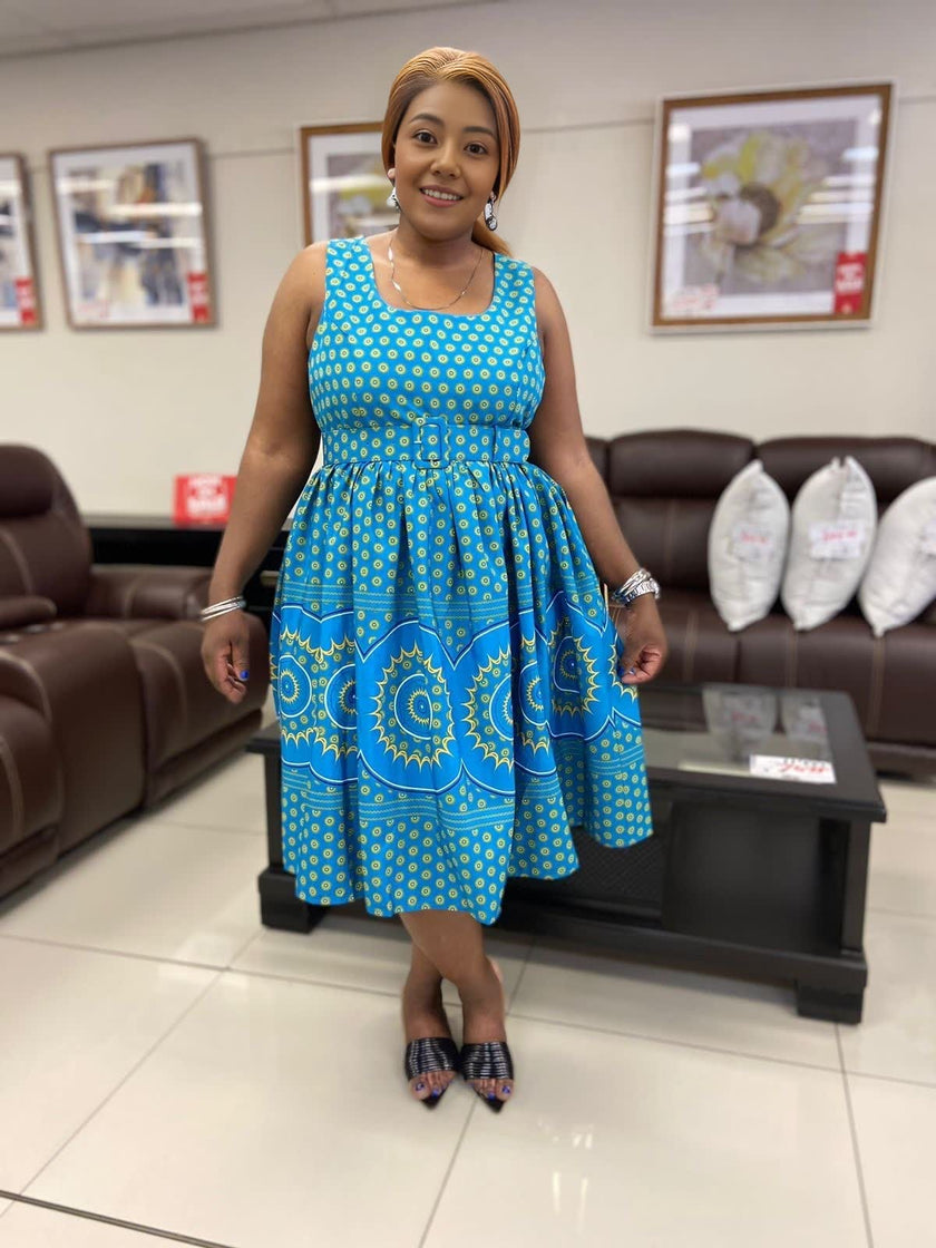 Flared Skirt Traditional Dress with Circular Floral Patterns