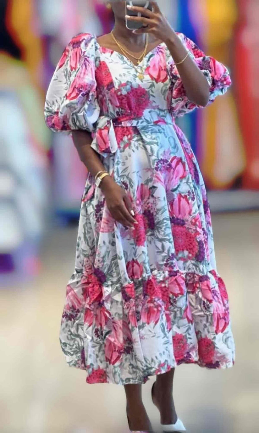 Floral Print Puff Sleeve Midi Dress
