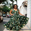Green floral maxi dress with bow straps, A-line skirt