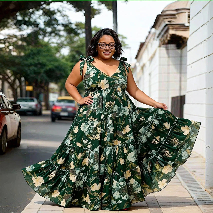 Green floral maxi dress with bow straps, A-line skirt
