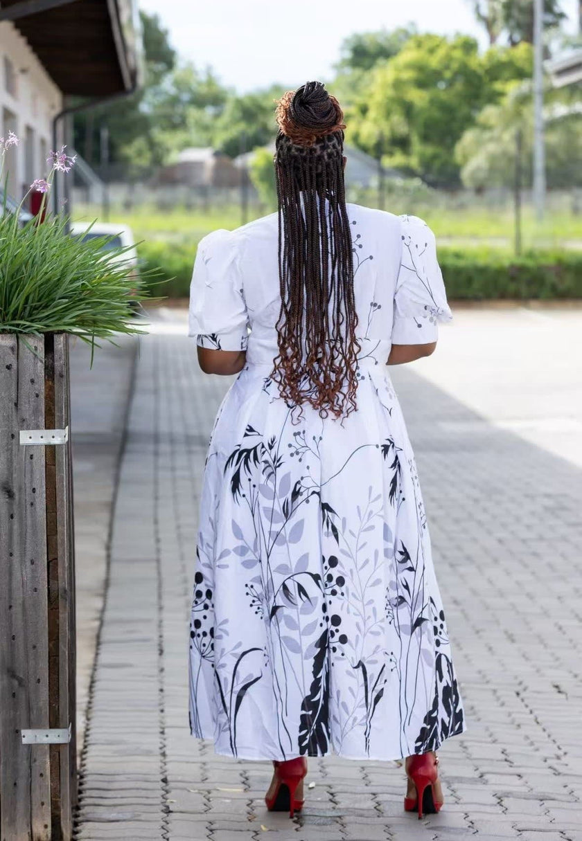 Women's Puff Sleeve V-Neck Printed Dress, Elegant Long A-Line Dress with Botanical Pattern Design