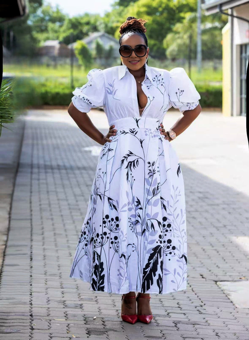 Women's Puff Sleeve V-Neck Printed Dress, Elegant Long A-Line Dress with Botanical Pattern Design