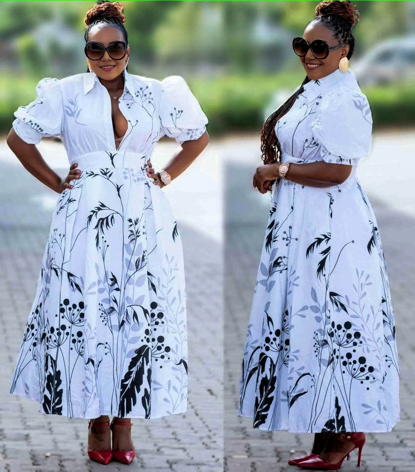 Women's Puff Sleeve V-Neck Printed Dress, Elegant Long A-Line Dress with Botanical Pattern Design