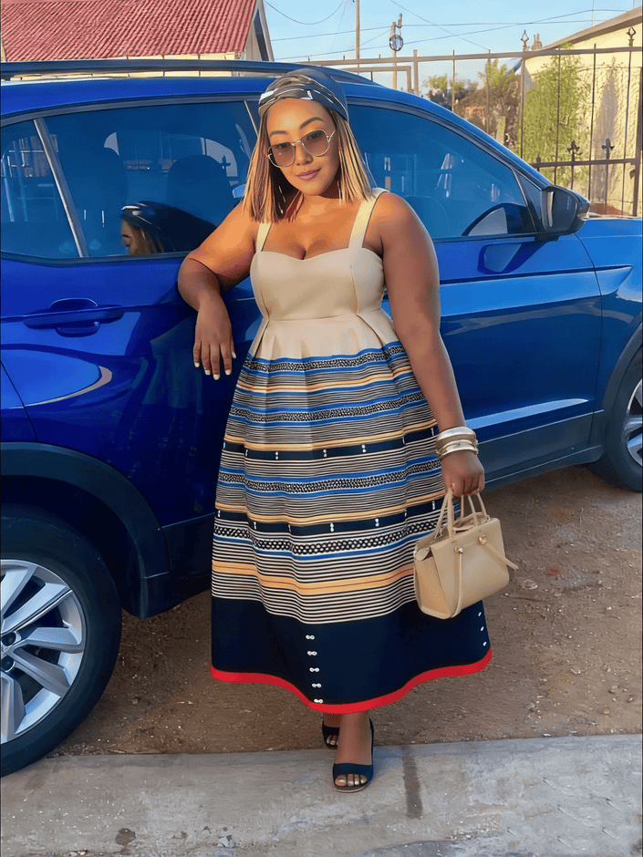 Striped patchwork midi dress, sleeveless beige bodice and navy blue striped skirt