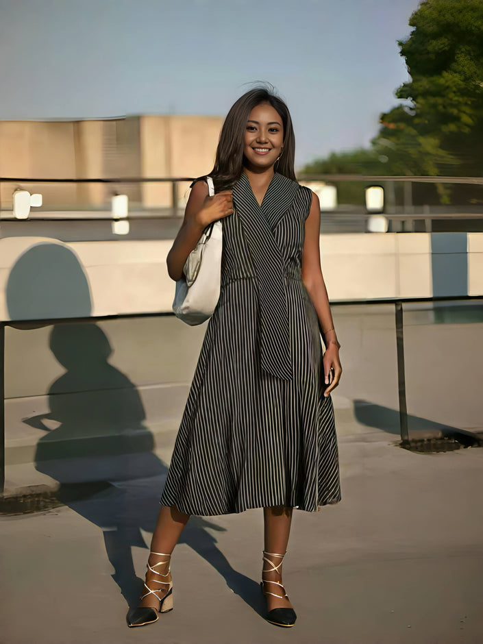 Sleeveless striped A-line midi dress with cross V neckline, dark vertical stripes