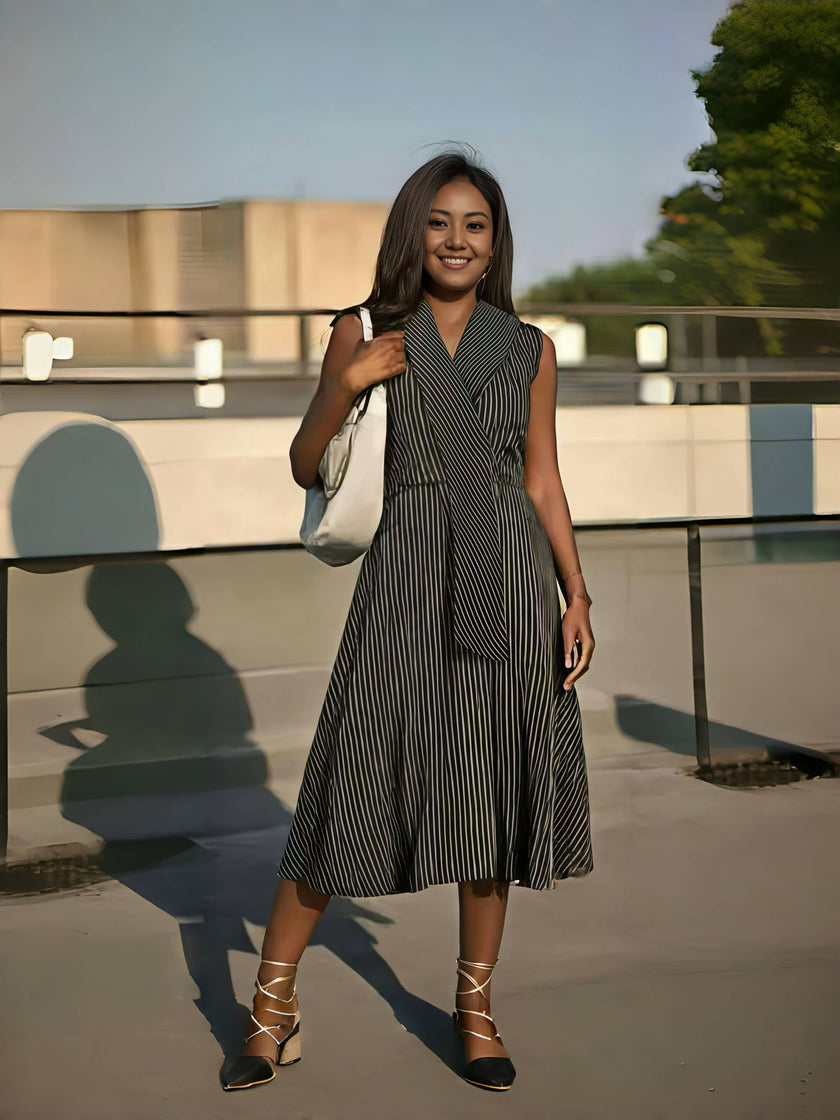 Sleeveless striped A-line midi dress with cross V neckline, dark vertical stripes