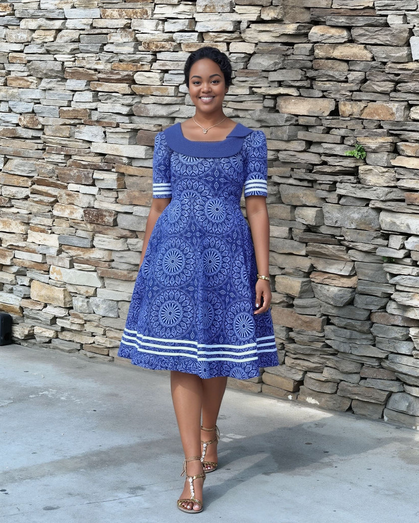 Women's Ethnic Style Dress with Circular Floral Pattern and Short Sleeves