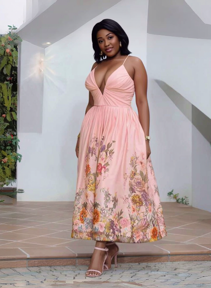 Blush pink floral midi evening dress with deep V neckline and spaghetti straps