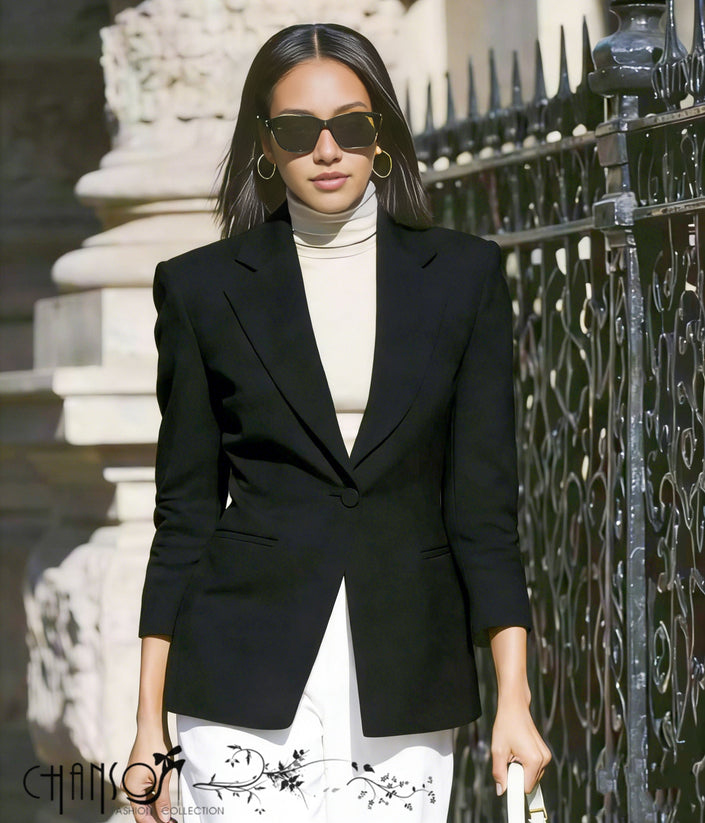 Black slim-fit tailored blazer jacket with button-front detail and structured lapels