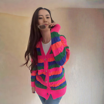 Striped knit cardigan with V-neck and button front, long sleeves, bright rainbow stripes