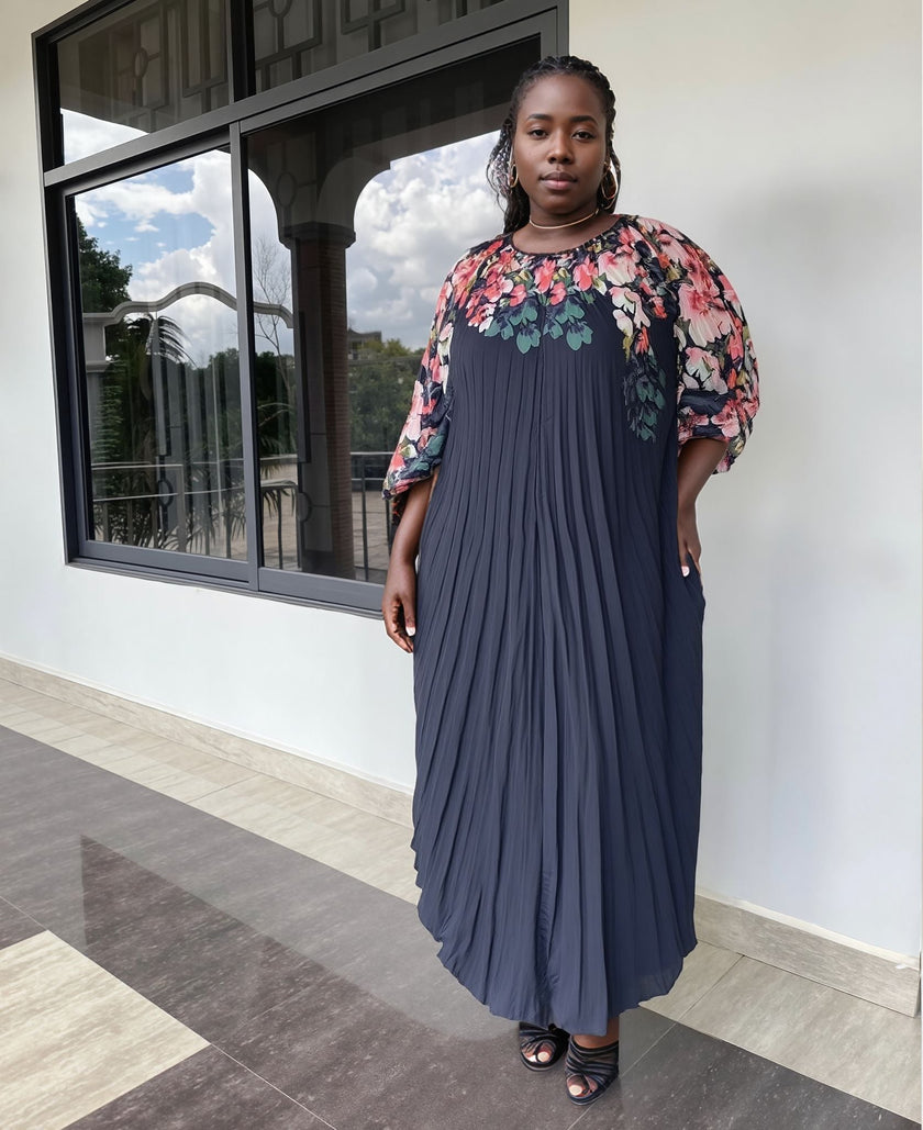 Ethnic Pleated Maxi Dress – Floral Embroidered Neckline, Flowing Silhouette, 3/4 Sleeves