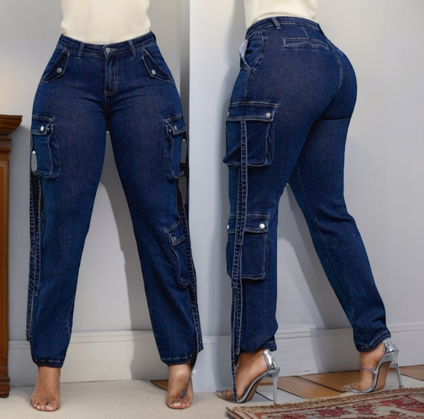 High-Waisted Multi-Pocket Jeans with Side Buckles