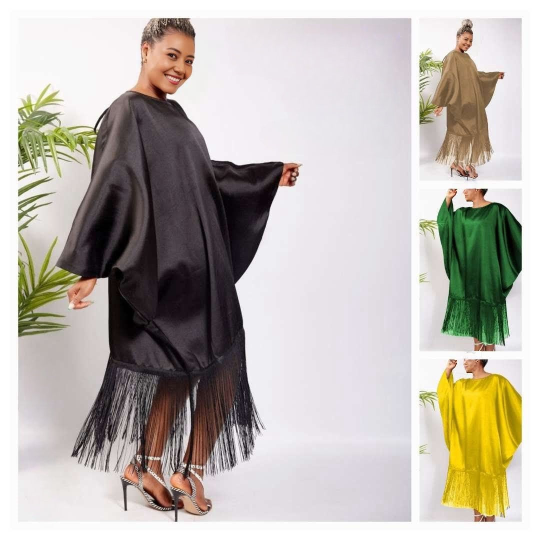 Black fringe dress with loose batwing sleeves, tassel hem and cuffs