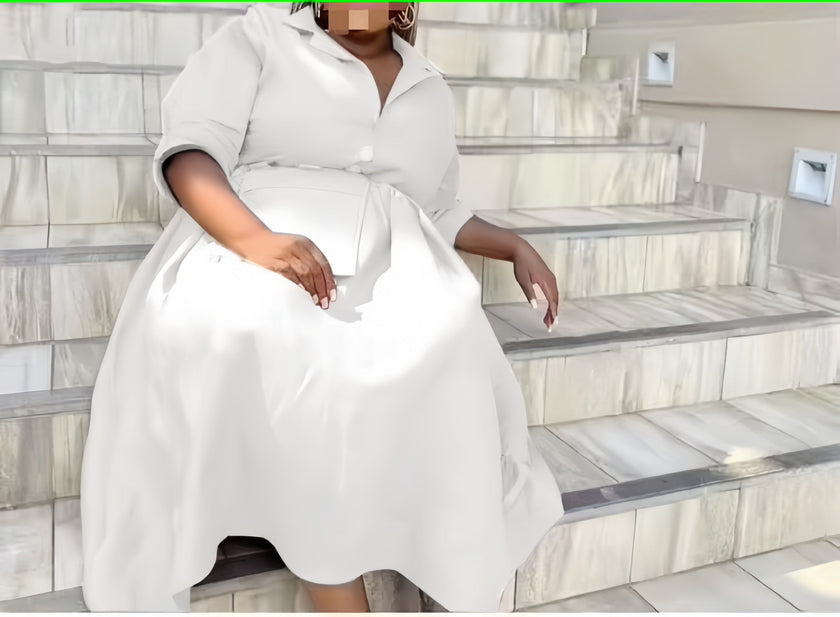 knee-length dress with a collar, waist belt, button details, and pockets