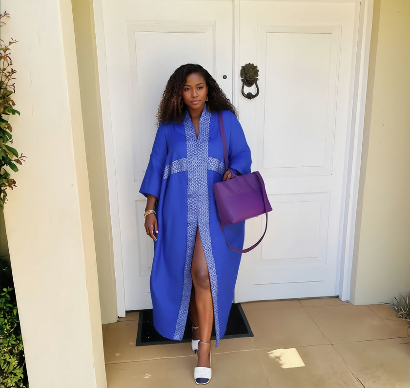 Women's Ethnic Maxi Dress with Geometric Embroidery and Front Slit