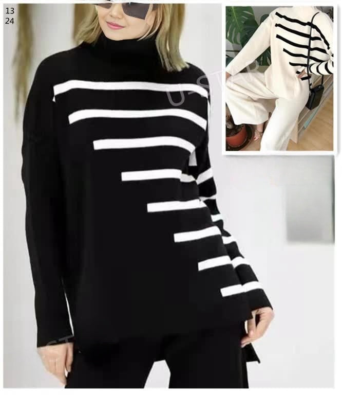 Striped Long-Sleeve Pullover with Coordinated Plain Trousers Ensemble Knitwear