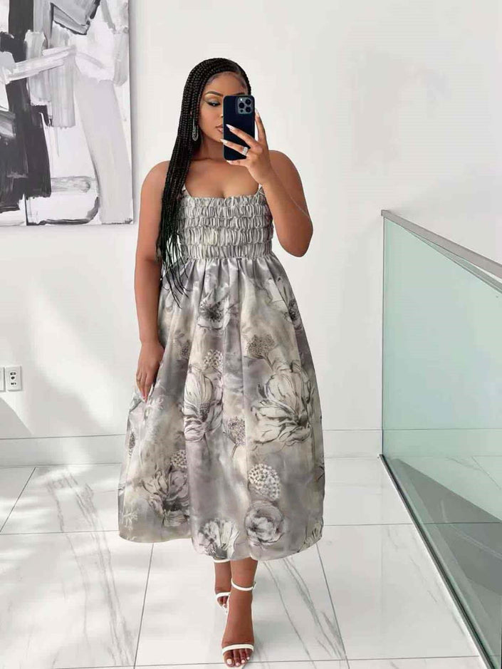 Smocked floral maxi dress with ruffle detail, sleeveless smocked bodice, light gray print