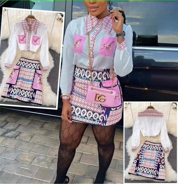Printed horse-patterned twin set: white long-sleeve blouse and matching skirt