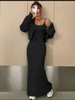 Black off-shoulder maxi dress with long-sleeve shrug, bodycon fit and side slit