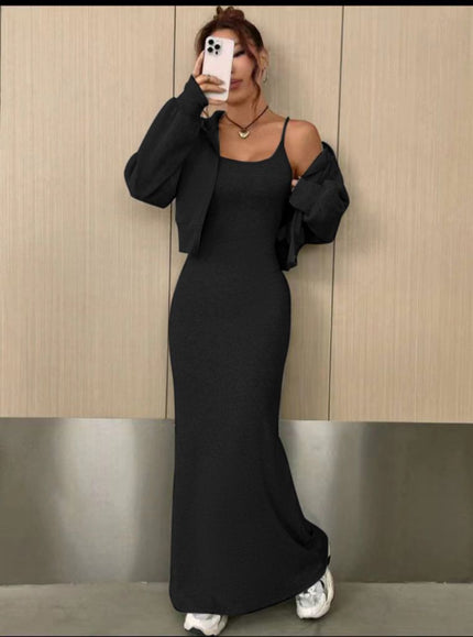 Black off-shoulder maxi dress with long-sleeve shrug, bodycon fit and side slit