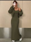 Olive off-shoulder maxi dress with long-sleeve shrug, bodycon fit and side slit