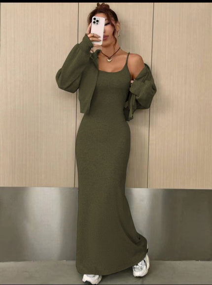 Olive off-shoulder maxi dress with long-sleeve shrug, bodycon fit and side slit