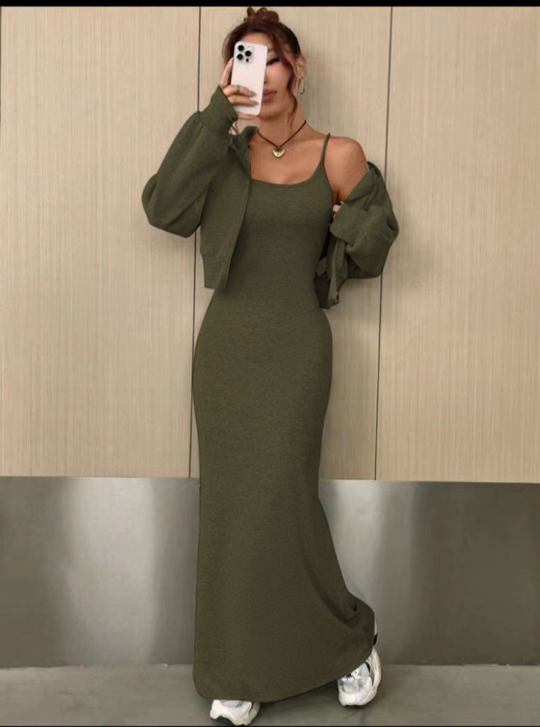 Olive off-shoulder maxi dress with long-sleeve shrug, bodycon fit and side slit