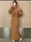 Goldenrod off-shoulder maxi dress with long-sleeve shrug, bodycon fit and side slit