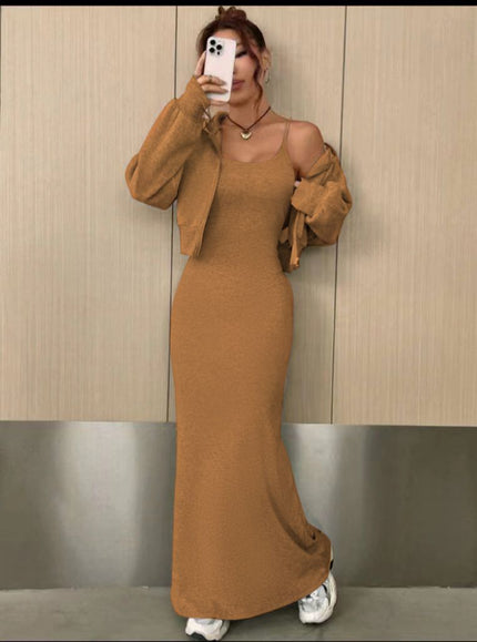 Goldenrod off-shoulder maxi dress with long-sleeve shrug, bodycon fit and side slit