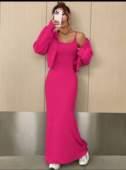 Hot pink off-shoulder maxi dress with long-sleeve shrug, bodycon fit and side slit