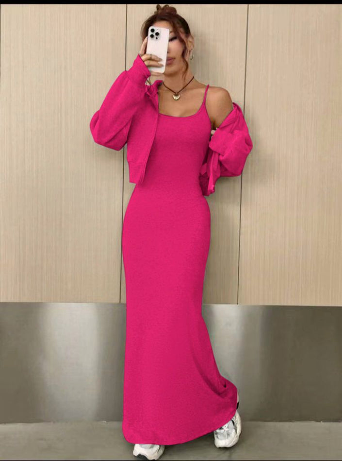 Hot pink off-shoulder maxi dress with long-sleeve shrug, bodycon fit and side slit