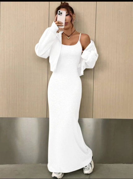 White off-shoulder maxi dress with long-sleeve shrug, bodycon fit and side slit