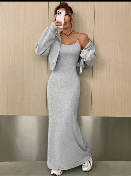 Light gray off-shoulder maxi dress with long-sleeve shrug, bodycon fit and side slit