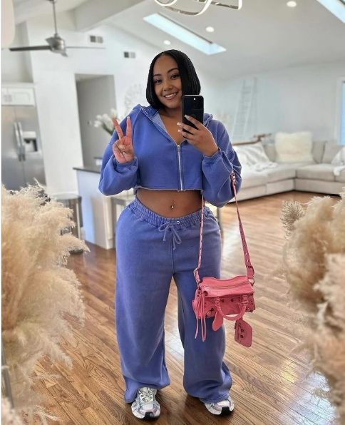 Sky-blue zip hoodie and matching jogger pants with elastic cuffs and drawstring
