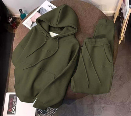 Olive-green hoodie and matching sweatpants set with drawstring hood and pockets
