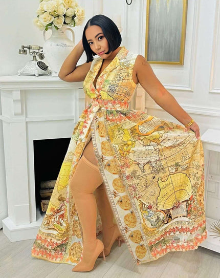 Yellow map print belted A-line dress, sleeveless with V neckline