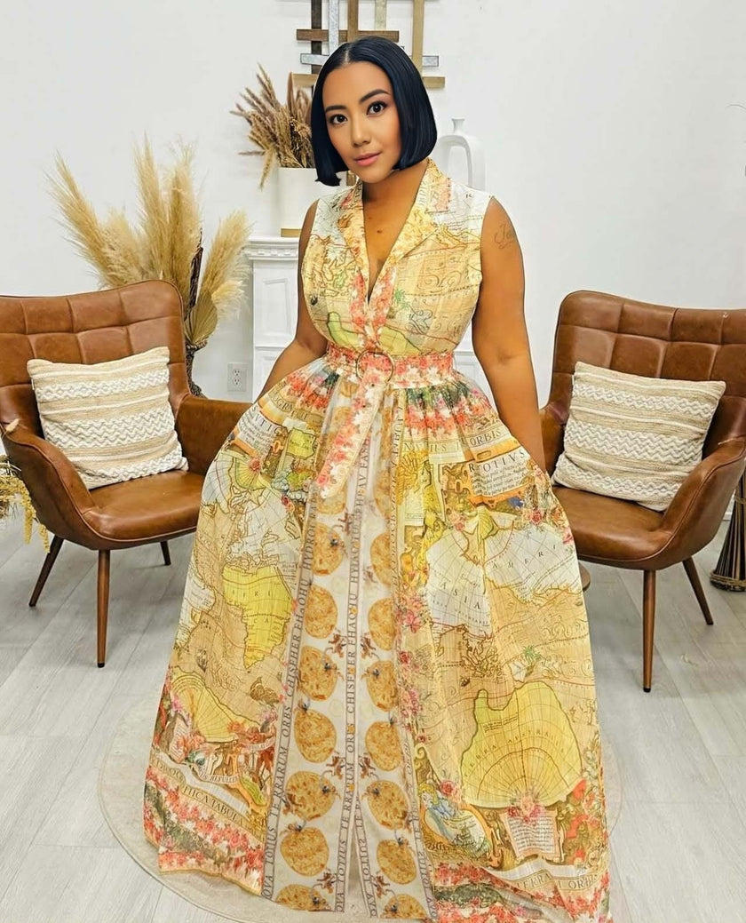 Vintage Map Print Sleeveless Dress - Waist Belt Accent and Graceful Hem Highlighting Geographic Charm