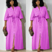 Magenta button-front belted midi dress with tie waist and front slit