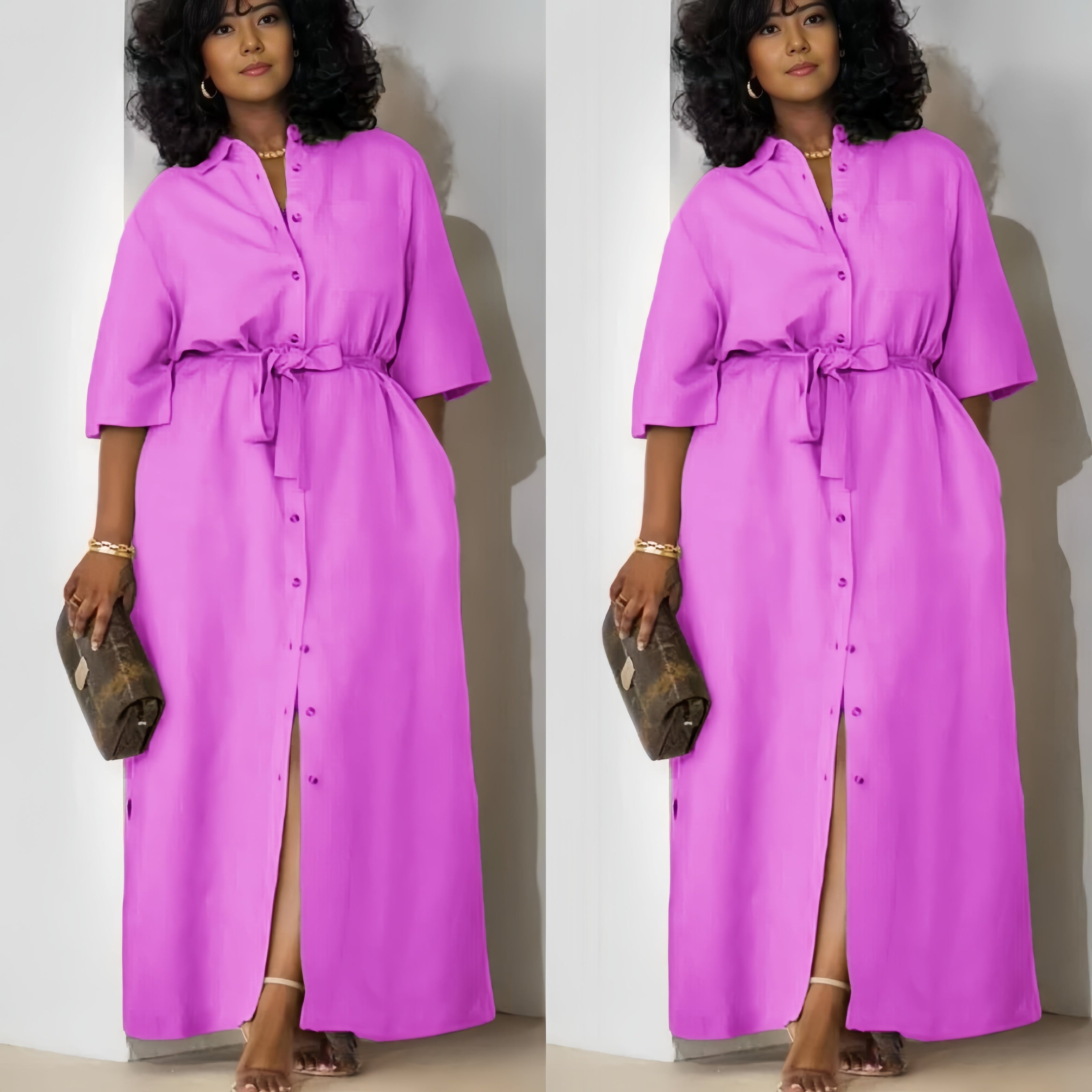 Magenta button-front belted midi dress with tie waist and front slit