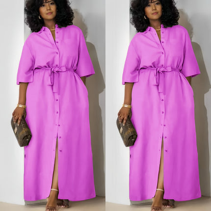 Magenta button-front belted midi dress with tie waist and front slit