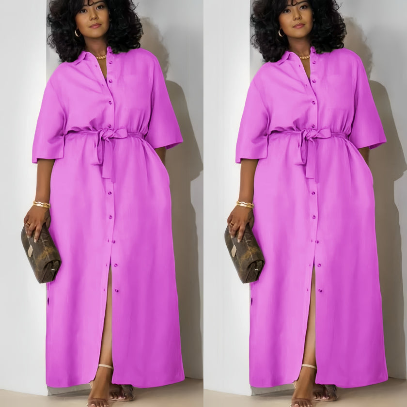 Magenta button-front belted midi dress with tie waist and front slit