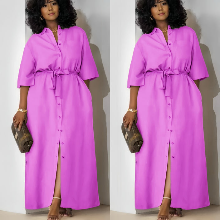 Simple Mid-Sleeve Belted Long Dress